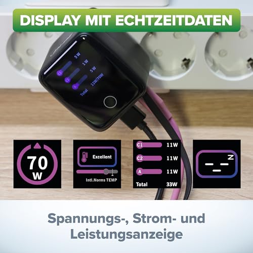 Inline Ładowarka USB C i USB A, 70 W, z wyciąganym kablem, GaN zasilacz z wyświetlaczem, Power Delivery & Quick Charge, czarna, 31507R