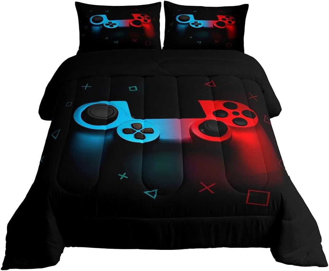 Erosebridal Boys Gamepad Comforter Set Queen,Play Gamer Bedding Set Kid Young Man Video Games Down for Teen Child Game Room Decor Black Classic Retro Gaming Quilt Duvet Set with Controller Button Multi 13 Queen