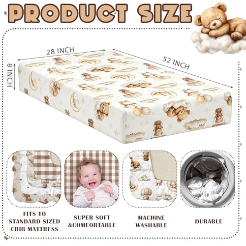 Image of Peryiter 4 Pack Crib Sheets for Baby Brown Bear Baby Bed Sheet Set 52'' x 28 inch Soft Nursery Crib Sheets for Standard Bed Toddler Mattress Nursery Decor Boys Girls Kids