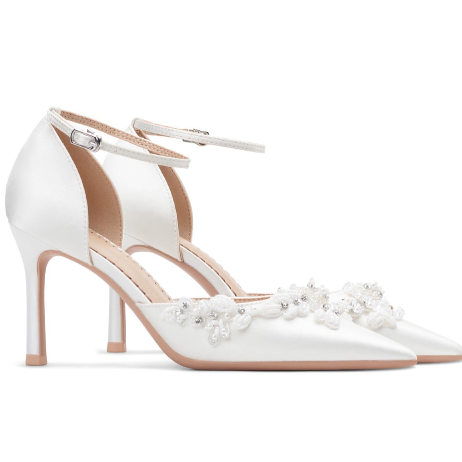Scarpe Donna con Tacco Alto con Tacco a Spillo 8.5 cm Bianco Realizzato a Mano Raso di Seta Perle Strass per La Ragazza Matrimonio Cinturino alla Caviglia