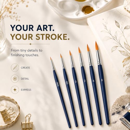 Image of Professional Artist Paint Brush Set of 6 | Round Pointed Tip Brushes in Sizes 000, 00, 0, 2, 4 & 8 | Fine Detail Painting Brushes for Acrylic, Watercolor, Poster Colour, Canvas & Craft, Oil Painting