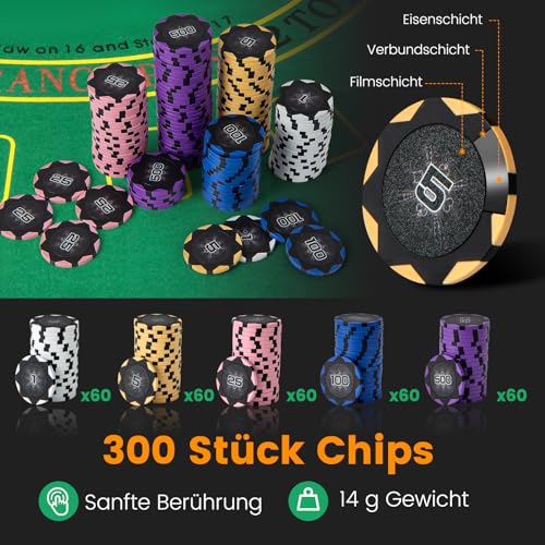 DREAMADE Pokerkoffer mit 300 Laser Poker Chips/ 2 Pokerkarten Set/Kartenmischer/Kartengeber/Spielmatte/ 5 Würfel/ 3 Dealer-Buttons, Poker Komplett Set Pokerset Profi Texas Hold'em (300 Chips) – Bild 4
