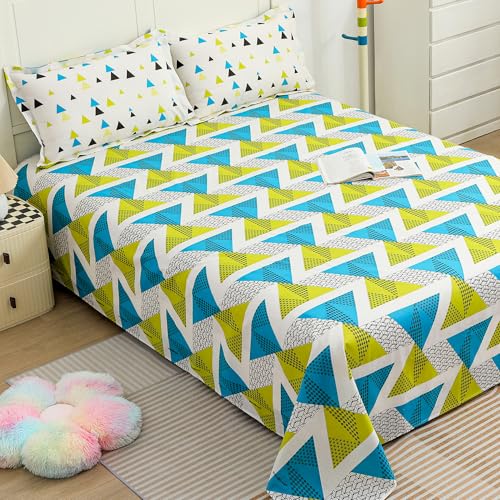 Image of Story@Home 144 TC Cotton Queen Size Bedsheet 88 x 100 Inche Geometric Printed Soft Flat Sheet with 2 Pillow Covers 18 x 28 Inch -Green & Blue