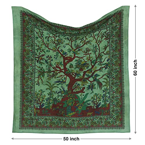 Craft Trade Grün Baum Wandteppich Indische Wandtuch Tapestry Wandbehang Boho Wandteppiche für Heimdeko Wohnzimmer und Schlafzimmer - 127 x 152 cm