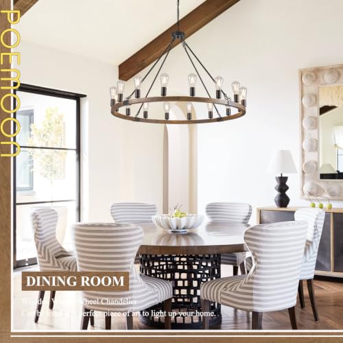 Image of Oak Wooden Wagon Wheel Chandelier 16-Light 43.3 inch Light Fixture