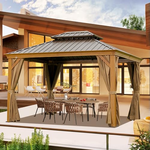 Domi 10' X 14' Hardtop Gazebo Outdoor Metal Gazebo Canopy with Galvanized Steel Double Roof, Wood Grain Aluminum Frame, Curtains and Netting for Patio, Deck, Garden - Image 2