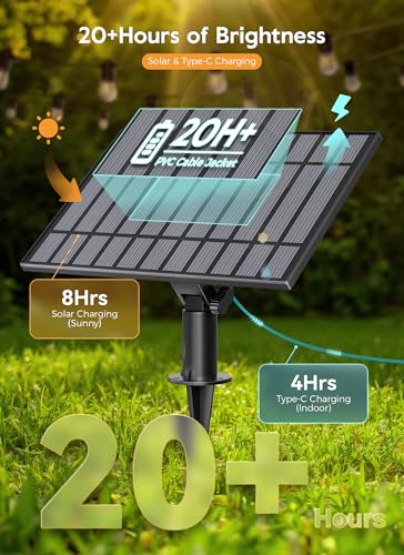 Image of Minetom 163FT Solar String Lights Outdoor Waterproof, 52 LED S14 Shatterproof Bulb, Patio Lights with Remote Type-C Port Timable, 3 Light Modes Dimmable Solar String Lights for Outside, Yard, Camping