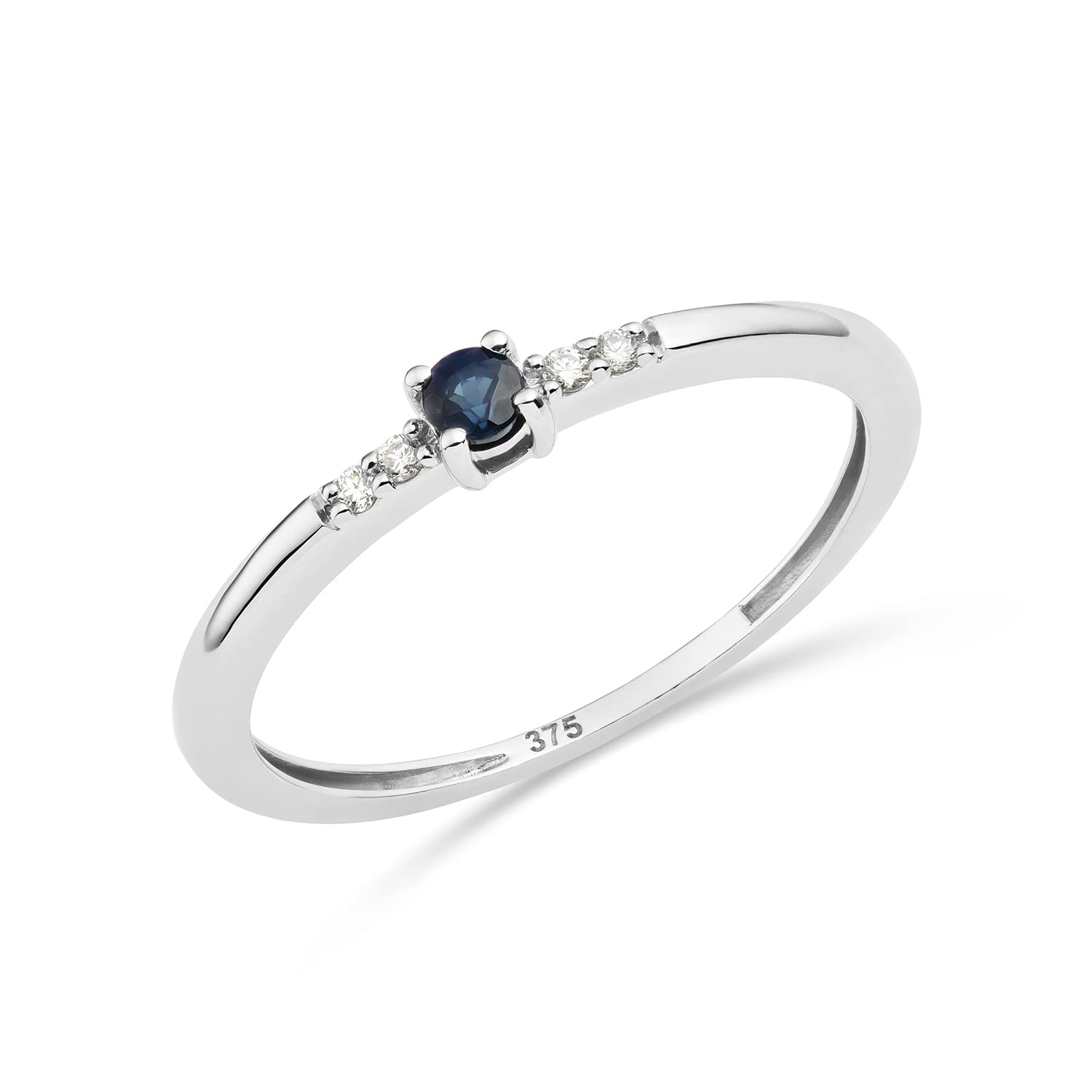 MIORE anillo de compromiso con diamantes y zafiro en oro blanco de 9 quilates 375 con 4 diamantes naturales talla brillante 0,02 quilates y zafiro azul natural 0,10 quilates