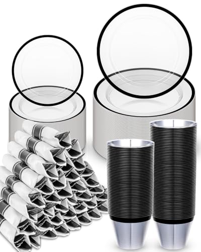 BESTVIP 350Pcs Clear Black Plastic Plates for Party Disposable Dinnerware Set for 50 Guests 100 Plastic Plates 50 Cups 50 Pre-Rolled Napkins with Cutlery for Graduation Party Wedding Halloween