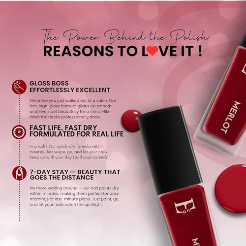 Image of Ellement Co Merlot Nail Polish 10ml | Deep Wine Red Nail Colour | Glossy Finish | Rich Pigmentation | Quick Drying | Long Lasting | Chip Resistant | Vegan Nail Lacquer Nail Paint for Women & Girls