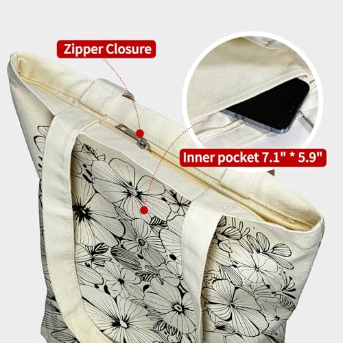 Image of itgowisa Canvas Tote Bag with Zipper Pocket, Travel Shopping Book Bag for Women, Gifts for Teachers, Nurses, Plant Lovers