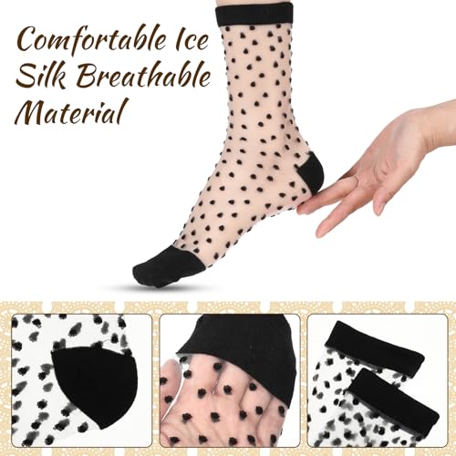 4 Pairs Sheer Socks Women, Summer Checkered Dot Striped Plaid Ankle Sheer Socks, No-Pilling Silk Breathable Transparent See-Through Sockings3