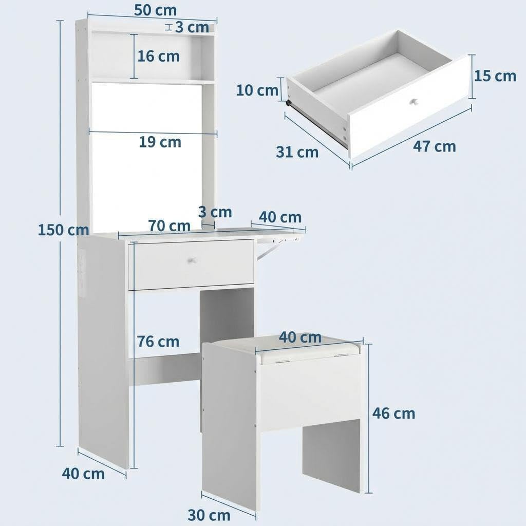 Tocador De Maquillaje Con Luz, Taburete De Almacenamiento, Espejo Y Luces LED Táctiles (3 Colores/3 Modos), Panel Abatible Para Ampliar Encimera, Cajón Grande Y Estantes Abiertos, 50 x 40 x 150,Blanco