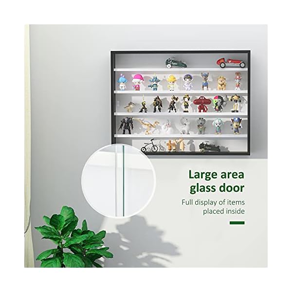 HOMCOM 5-Tier Wall Display Shelf Unit Cabinet w/ 4 Adjustable Shelves Glass Doors Home Office Ornaments 60x80cm Black/White - Image 7