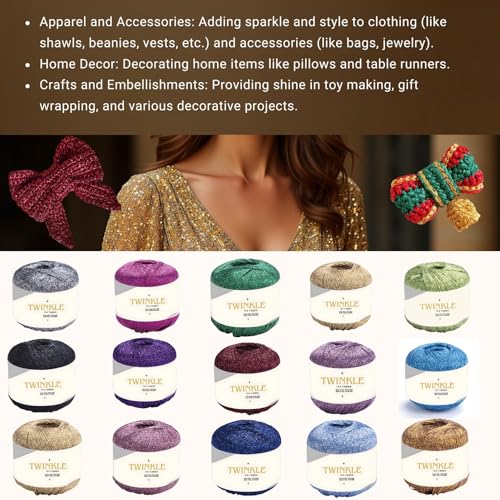 Image of Twinkle Metallic Glitter Yarn Sparkle Fine 1 Light Fingering Weight Worsted Gold Silver for Crochet Knitting, 25g 0.88oz, 175yard Soft Craft Shawls Cardigans Bags Lurex (Silver Shimmer, Pack 1)