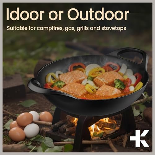 Bakken Pre-Seasoned Cast Iron Wok with Wooden Lid, 14" Stir Fry Pan for Gas, Electric, Induction & Open Fir, Heavy-Duty Flat Bottom Wok with Dual Handles for Even Heating & High-Heat Cooking, 8.8 lbs - Thumbnail 3