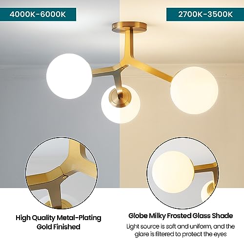 Image of Semi Flush Mount Ceiling Light Fixture 3-Light Modern Gold Sputnik Chandelier with Globe Milky Frosted Glass Shade E12 Sputnik Ceiling Light for Kitchen, Hallway Light Fixtures Ceiling