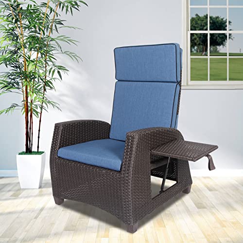 Vowtick Outdoor Recliner Chair, Patio Wicker Reclining Chair Adjustable With Fliptable, Patio Sofa Lounge Chair With Cushion For Garden Poolside Balcony (Brown+Blue, 1Pc Recliner) #TOP7
