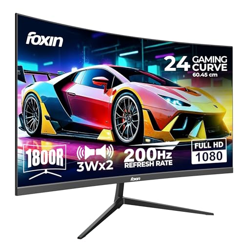 Image of Foxin Phantom 24 inch (59.94 cm) 1800R Curved Gaming Monitor, FHD 1920x1080p, 250Nits, 200Hz, 1ms, Adaptive Sync | 99% sRGB | HDMI & VGA Ports | RGB Backlight, 3W x 2 Speakers | Wall Mountable | Black