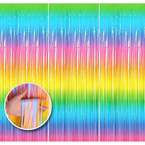 Image of Colorful Foil Fringe Curtain Backdrop,4 Pack 3.3x6.6 ft Rainbow Foil Tinsel Curtains for Birthday Wedding Party Photo Backdrop