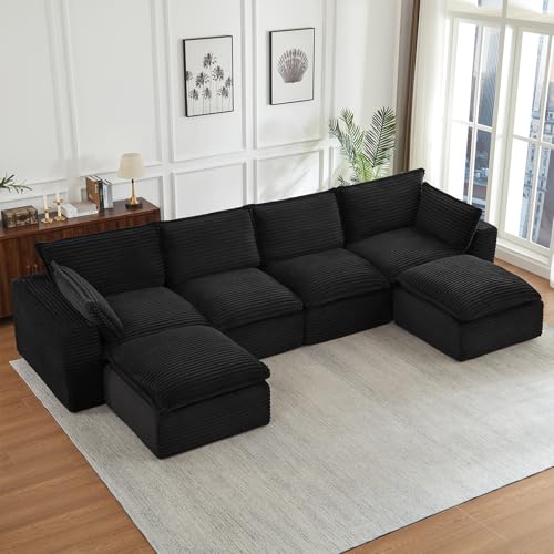 Image of 6 Piece Modular Sectional Sofa with 2 Ottomans -140 inch U Shaped Boneless Cloud Couch, Double-Layer Memory Foam Corduroy Foam Sofa, Oversized Living Room Furniture Set