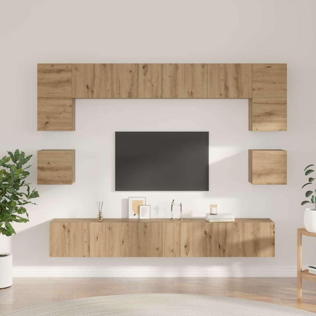 TV-Schrankset Wandmontiert 8-teilig, Artisan-Eiche Holzwerkstoff, Modernes Media-Center für Wohnzimmer, Schlafzimmer, platzsparende TV-Konsole