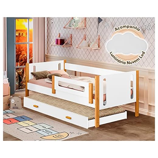 Bicama Babá Mirela Branco/Amêndoa Com Grade De Proteção + Luminária Led