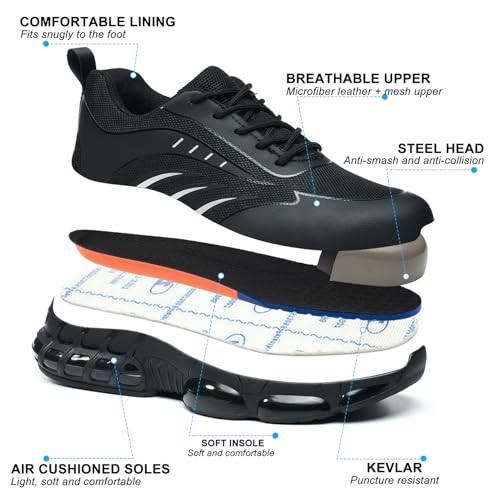 Image of Steel Toe Work Shoes for Men, PU Sole Tennis Upper with Print Lace-up Style, Safety Non Slip Comfortable Shoes for Industrial or Construction