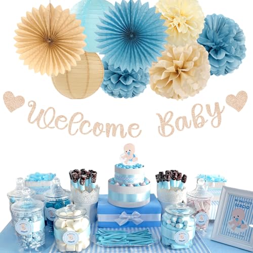Image of Light-Dusty Blue Beige-Champagne Baby-Shower Party-Decorations - 31pcs Welcome Home Banner Sign,Boy Paper Lanterns,Neutral Streamers Garland,Boho Tissue Pom Poms Flowers Fans Backdrop Decor Burgleda