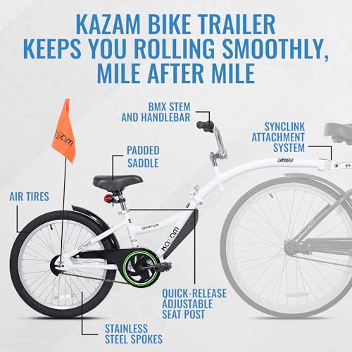 Image of KaZAM Co-Pilot Bike Trailer - 20 Inch Bike Trailer with Adjustable BMX Stem and Handlebar - Lightweight Aluminum Frame and Padded Saddle for Cycling - Perfect for Family Rides