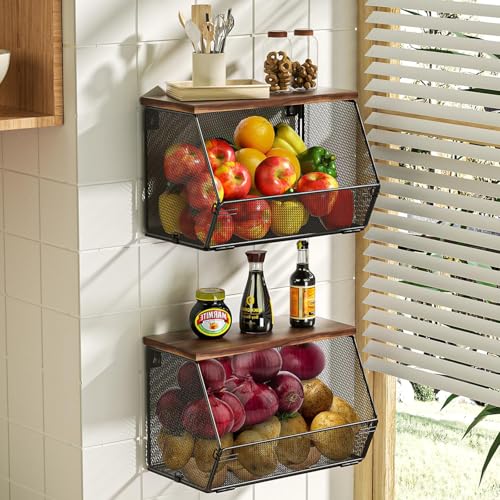 2 Paniers à Fruits Empilables Muraux, Corbeille de Rangement en Fil de Métal avec Couvercle en Bois, Étagère Cuisine pour Légumes, Fruits, Pain, Épices,...