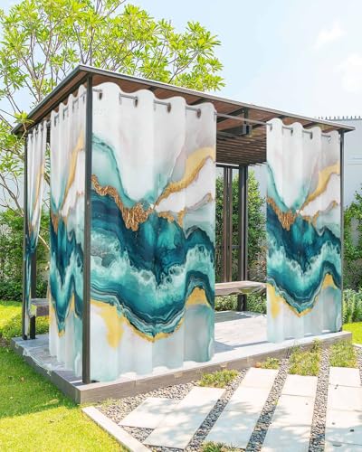 Waterproof Outdoor Curtains for Patio Porch, Ombre Turquoise Marble Texture Grommet Curtain Panel Windproof Outside Curtains Tieback, Abstract Watercolor Wavy Weighted Window Treatment Drapes