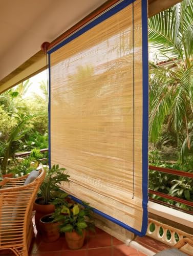 Image of Water Proof Bamboo Curtains for Balcony Roller Rollup Blinds, Bamboo Chick Curtain, for Rain, Sunlight, Dust & Cold Air Protection (Color-Blue,3ft x 8ft (W x H)