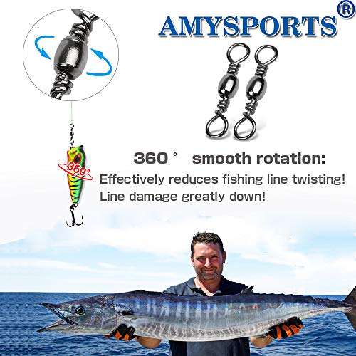 Amysports High Strength Fishing Swivels Barrel Solid Ring Barrel Fishing Swivel Rolling Fishing Tackle Line Connector Saltwater Freshwater Stainless Steel Accessories 100Pcs 44Lbs #TOP3