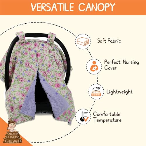 Image of Dear Baby Gear Floral Baby Car Seat Canopy with Snap Button Opening - Newborn & Toddler Carseat Cover - Nursing Covers - Infant Chair Essentials (Lavender Pink Floral & Dot, 40 inch x 30 inch)