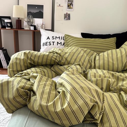 Image of mixinni Vintage Stripes Duvet Cover Set King - 3-Piece Mid-Century Cotton Olive & Taupe Striped Bedding, Soft Breathable All-Season Comforter Cover with Zipper Closure & Corner Ties-King Size