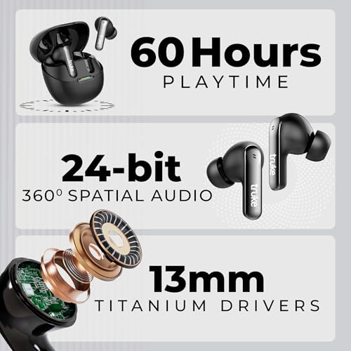 Image of truke [2025] Mega 7 True Wireless in-Ear Earbuds w / 24-Bit 360 Spatial Audio, 60H Playtime & Fast Charging Buds, Dual Pairing, 40ms Low Latency TWS, 4-Mic ENC, Made in India-(Coal Black)