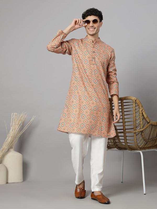 Image of Vastraa Fusion Men's Printed Kurta Pure Cotton Long Kurta, Round Collar, Full Sleeves, Button Kurta, Ethnic Wear