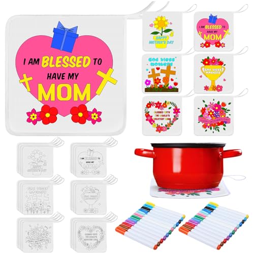Willinglong 24 Set Color Your Own Blessed Mom Pot Holders Religious Mother's Day Kit from Kids to Mom Sunday School Crafts Fun Activities for Home Family Classroom Preschool
