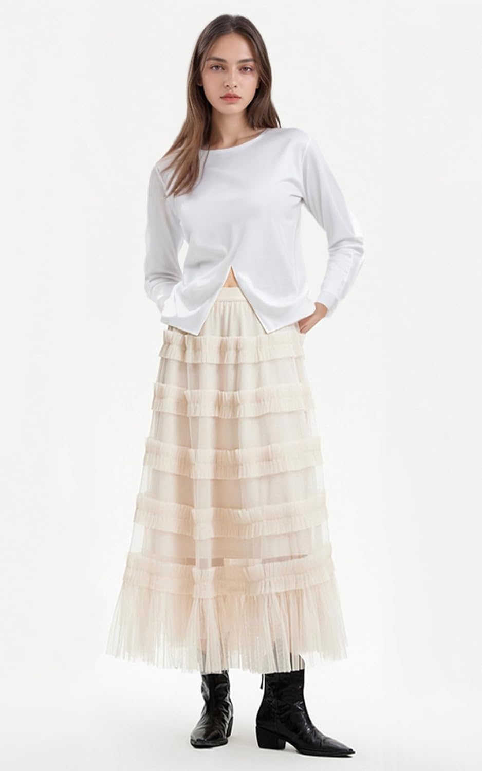 Tulle Skirts for Women Long Length Tutu Fairy Tiered Skirt A Line Mesh Elastic Waist Skirts - Image 4