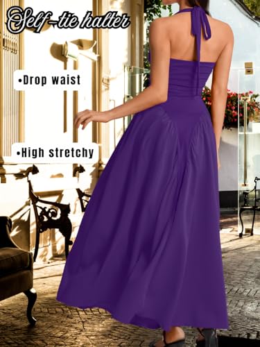 Image of ChiaoLezhee Deep V Neck Dress, Halter Maxi Dresses, Vacation Date Night, Sexy for Women Corset Flowy Wedding Guest Drop Waist