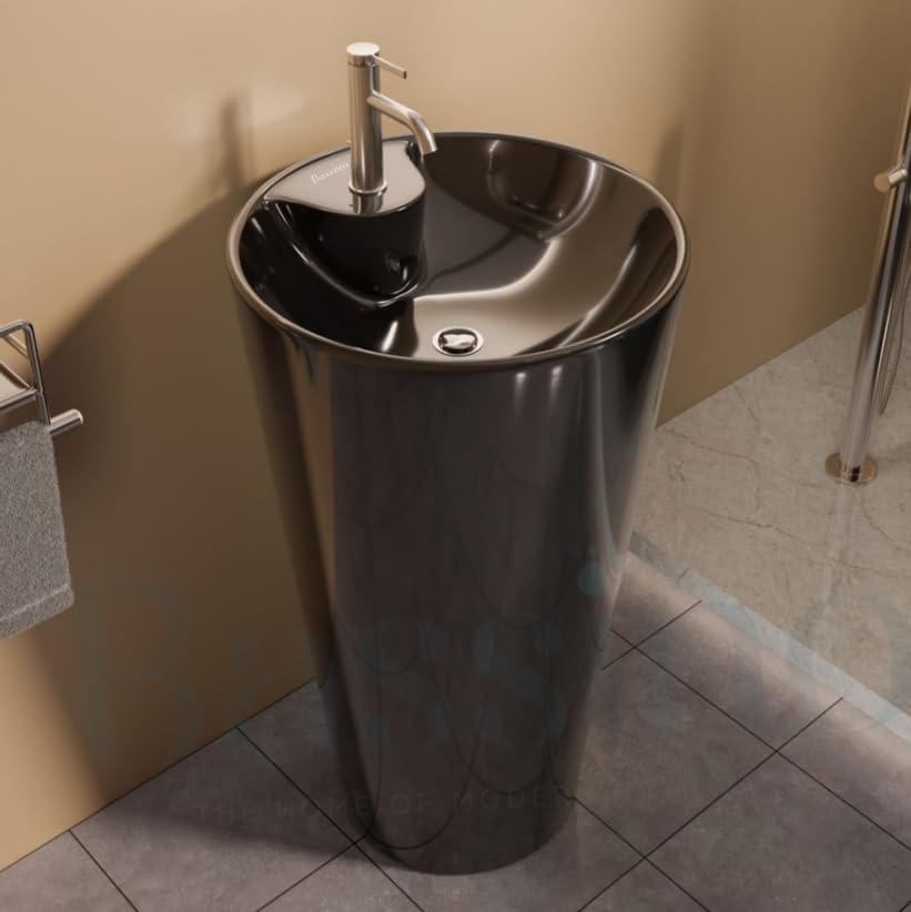 Image of BASSINO 18x18x32 Inches Ceramic Pedestal Wash Basin /7 Years Warranty /One Piece Free Standing Basin For Bathroom /Living Room /Salons /Round Modern Sink For Hotel /Floor Mounted Washbasin(Glossy Black)