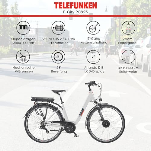 TELEFUNKEN E-Bike Damen 28 Zoll, Elektrofahrrad Frontmotor, 7-Gang Kettenschaltung, V-Bremsen - Pedelec Citybike, inkl. Fahrradschloss, RC825 Multitalent