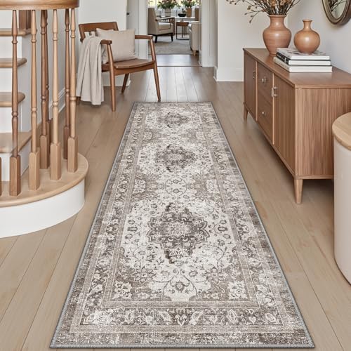 DEXI Hallway Runner Rug 60 x 180 cm, Non-Slip Long Washable Entryway Floor Mats, Absorbent Thin Vintage Carpet Runners for Kitchen, Laundry, Bedside, Brown