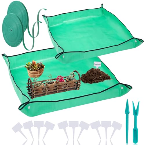 YeaHapiday Set de 2 tapetes para trasplante de Plantas para jardín, Impermeables con 2 Rollos de ataduras para Plantas Mini Juego de Herramientas de jardinería, para plántulas Interiores y suculentas