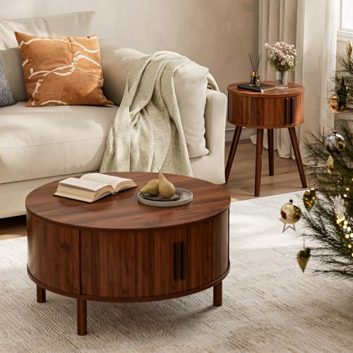 Image of ZttRiee Round Side Table with Sliding Doors, Mid-Century End Table, Walnut