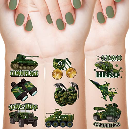 144 Sheets Camouflage Tattoo Camouflage Army Party Favors Military Tank Helicopter Fake Tattoos Stickers For Men Boys, 9 Styles #TOP29