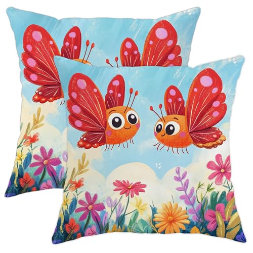 GDHBLING Cartoon Kids Butterflies Throw Pillow Covers 18x18 Set of 2, Soft Cute Spring Anime Pillow Cases Kit with Zipper, Fun Funny Velvet Decor for Couch Sofa Living Room Bed