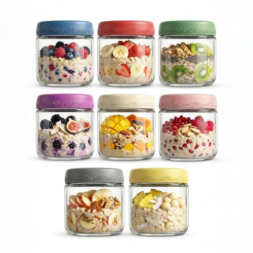 DicraoLea 10oz 8Pack Glass Overnight Oats Jars Containers with Airtight Leakproof Lids Reusable Mason Jars for Meal Prep Yogurt Parfaits Smoothies Salads & Healthy Breakfasts(10oz-8Pack)