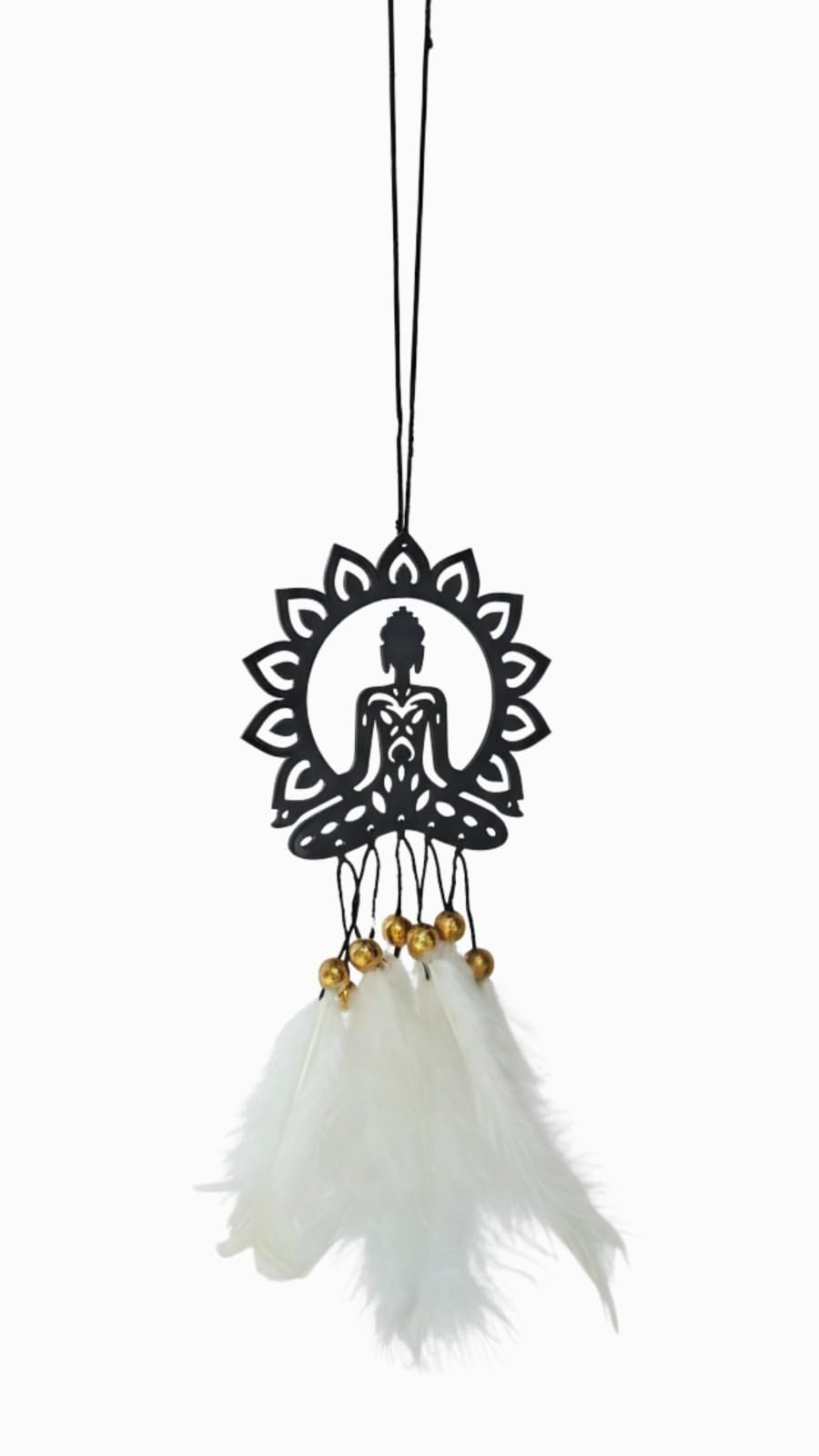 mikush Handcrafted Black Wooden Buddha Lotus Dream Catcher Car Hanging Accessories - Meditating Zen Rear View Mirror Ornament with White Feathers & Golden Beads-image-32